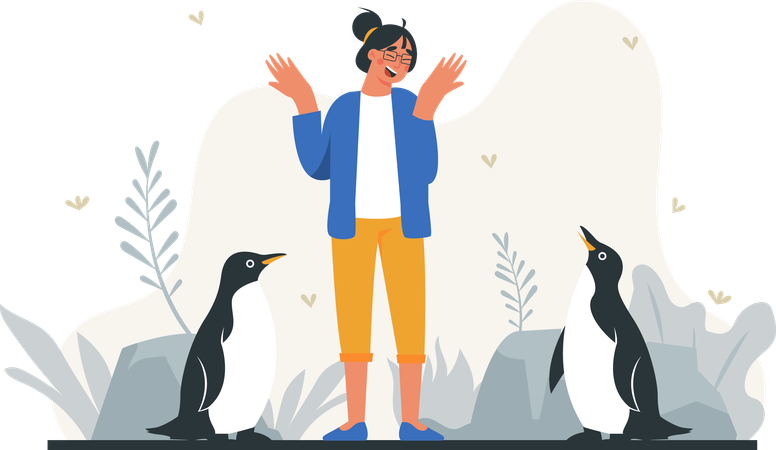 Happy woman with two penguins  Illustration