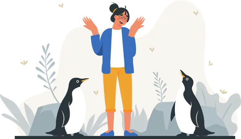 Happy woman with two penguins  Illustration