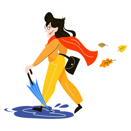Happy woman with umbrella walking Illustration