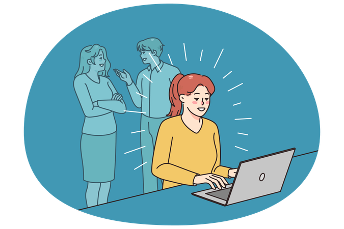 Happy woman work on computer distracted from outside  Illustration