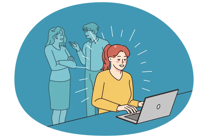 Happy woman work on computer distracted from outside  Illustration