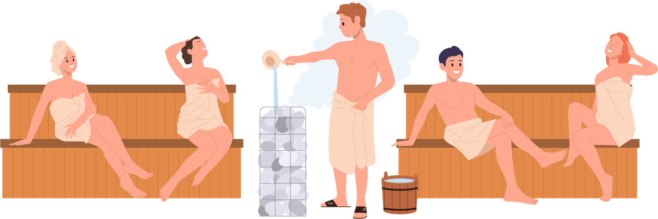 Happy woman wrapped in towels steaming in sauna  Illustration