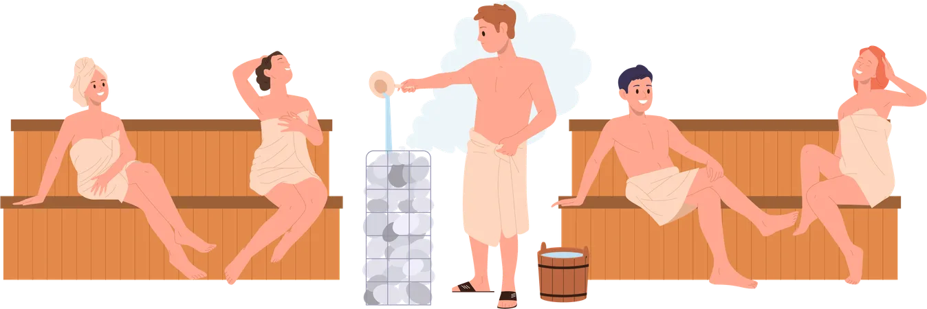 Happy woman wrapped in towels steaming in sauna  Illustration