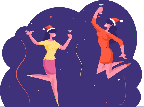 Happy Women Holding Cocktail Glasses Dancing and Jumping with Hands Up  Illustration