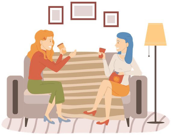 Happy women laughing and gossiping sit on couch Illustration