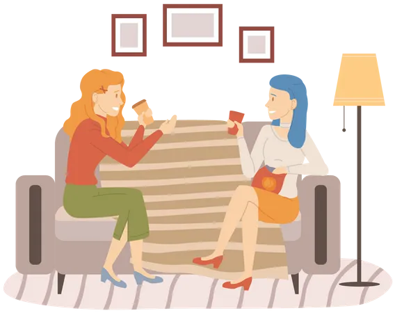 Happy women laughing and gossiping sit on couch Illustration
