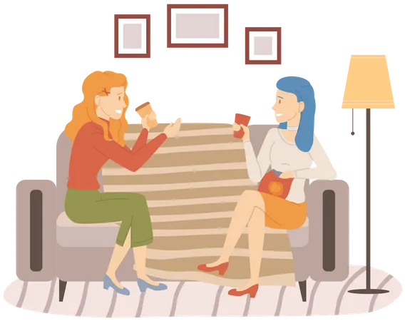 Happy women laughing and gossiping sit on couch  Illustration