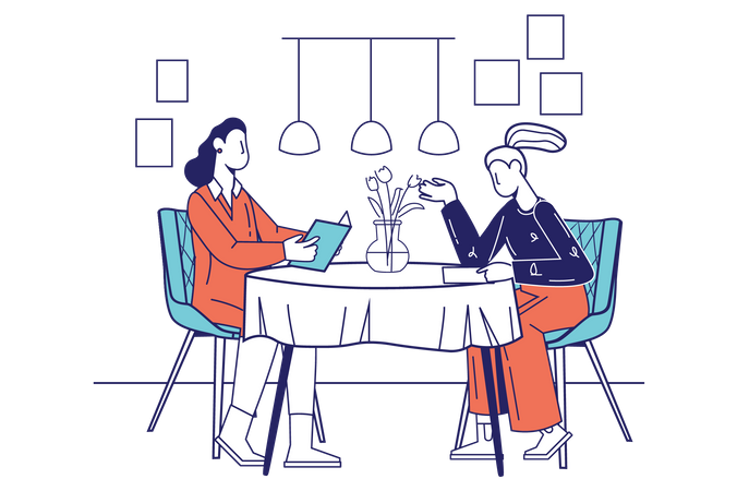 Happy women talking and choosing dishes in menu Illustration