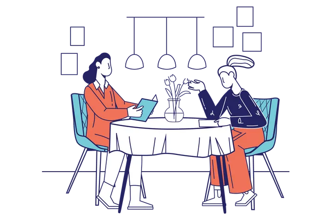 Happy women talking and choosing dishes in menu  Illustration