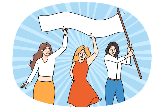 Happy women with banner on international woman day  Illustration