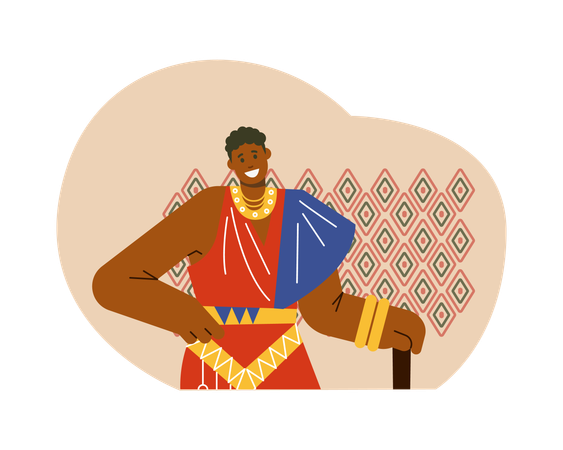 Happy young African man in traditional clothes with geometric ornaments  Illustration
