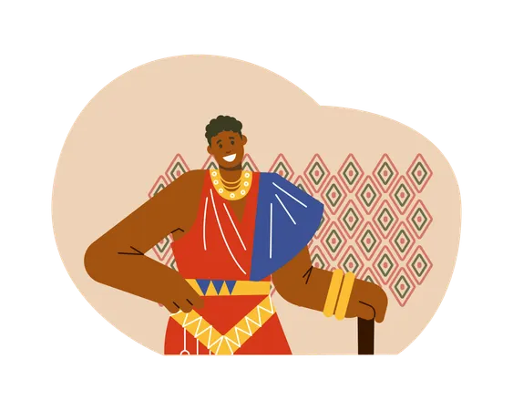 Happy young African man in traditional clothes with geometric ornaments  Illustration