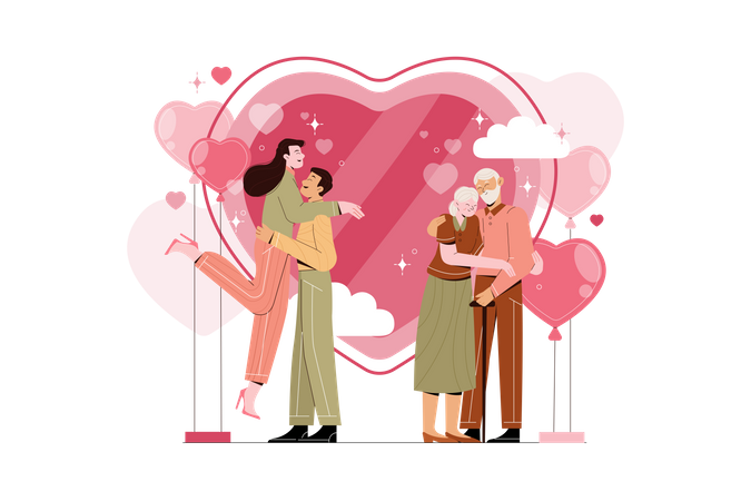 Happy young and old couple celebrating Valentine's Day Illustration