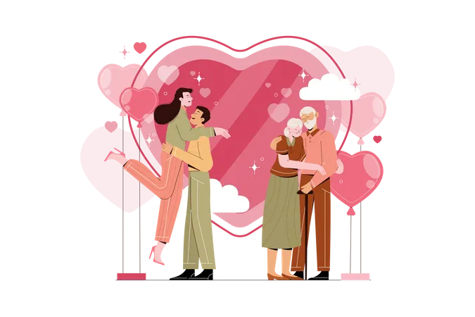 Happy young and old couple celebrating Valentine's Day Illustration