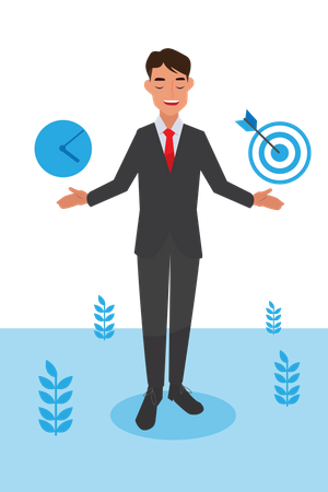 Happy young big isolated corporate man done his job as vison & mission and celebrating, leadership success and career progress concept, flat vector illustration, handsome business man. Illustration