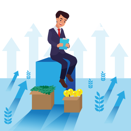 Happy young big isolated corporate man done his job as vison & mission and celebrating, leadership success and career progress concept, flat vector illustration, handsome business man. Illustration