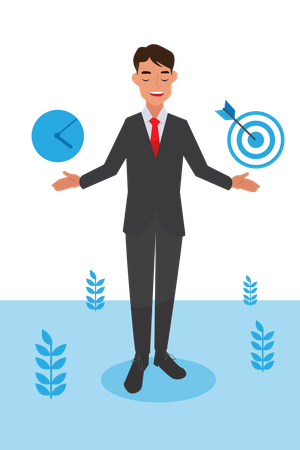 Happy young big isolated corporate man done his job as vison & mission and celebrating, leadership success and career progress concept, flat vector illustration, handsome business man.  Illustration