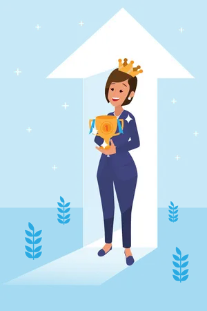Happy young big isolated corporate woman done her job as vison & mission and celebrating, leadership success and career progress concept, flat vector illustration, handsome business girl. Illustration