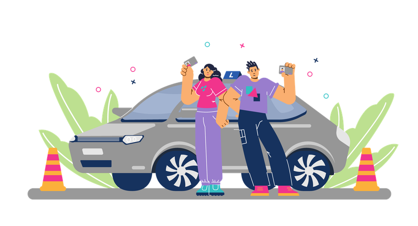 Happy young boy and girl standing near training car and holding driver licenses  Illustration