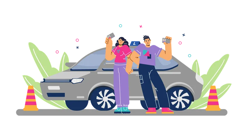 Happy young boy and girl standing near training car and holding driver licenses  Illustration
