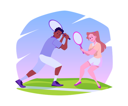 Happy young boy and girl with tennis racquets  Illustration