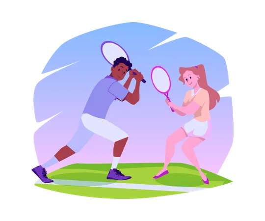 Happy young boy and girl with tennis racquets  Illustration