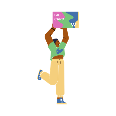 Happy young boy holding huge gift card over head  Illustration
