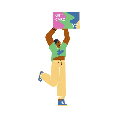 Happy young boy holding huge gift card over head  Illustration