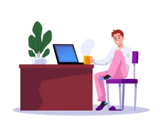 Happy young boy sits at workplace in comfortable position  Illustration
