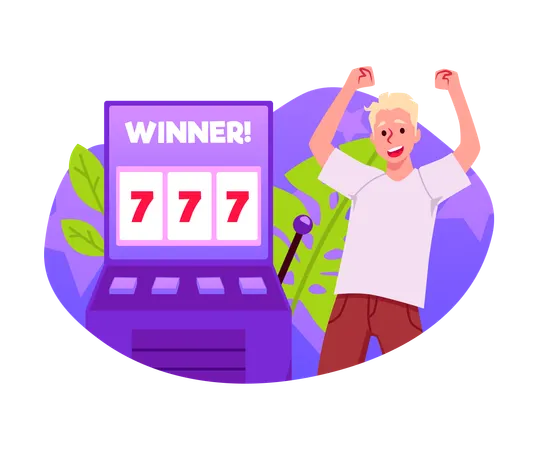 Happy young boy win at slot machine  Illustration