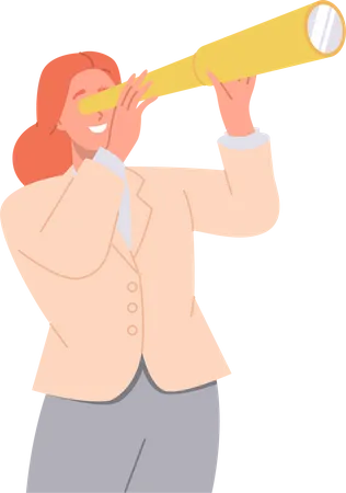 Happy young businesswoman looking through spyglass searching new perspective and opportunity  イラスト