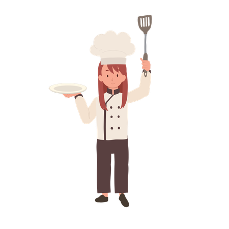 Heureux jeune chef en tablier et chapeau plat de service  Illustration