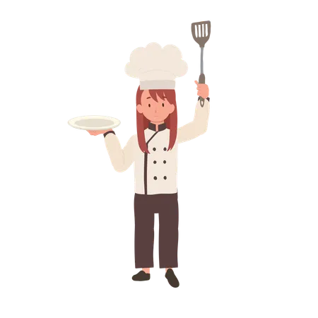 Heureux jeune chef en tablier et chapeau plat de service  Illustration