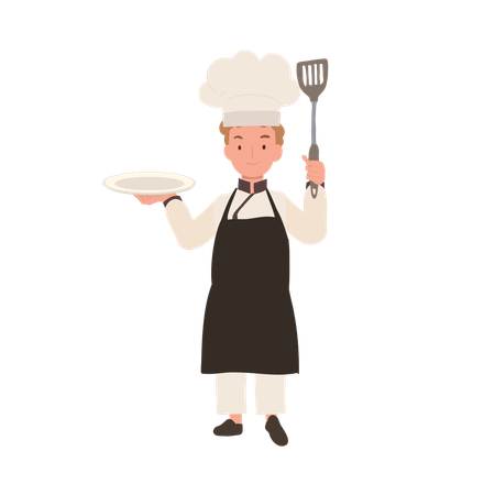 Heureux jeune chef en tablier et chapeau plat de service  Illustration