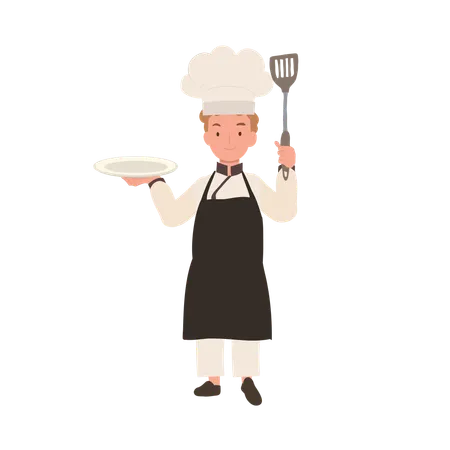 Heureux jeune chef en tablier et chapeau plat de service  Illustration