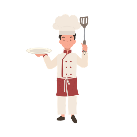 Heureux jeune chef en tablier et chapeau plat de service  Illustration