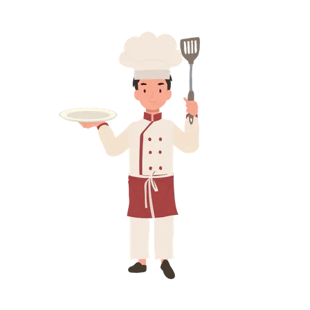 Heureux jeune chef en tablier et chapeau plat de service  Illustration