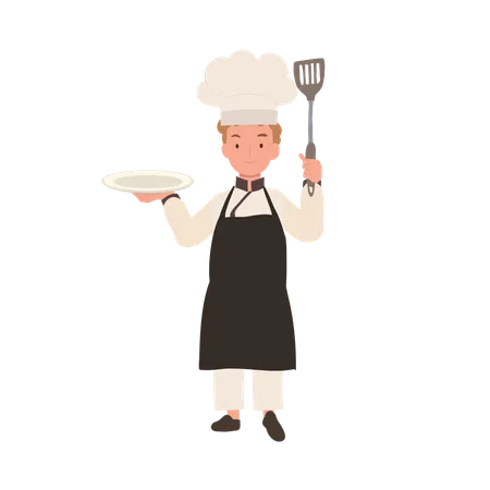 Happy Young Chef In Apron And Hat Serving Dish Flat Vector Cartoon Illustration Illustration