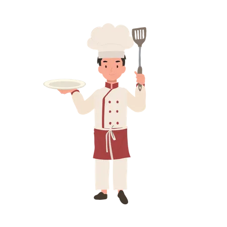 Happy Young Chef In Apron And Hat Serving Dish Flat Vector Cartoon Illustration Illustration