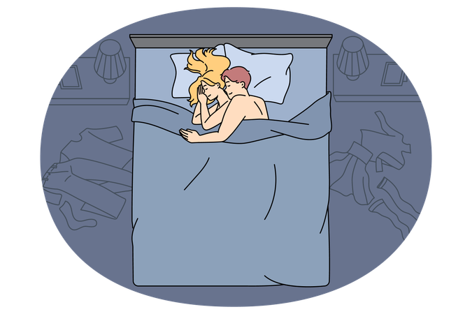 Happy young couple cuddle embrace in bed after sex  Illustration
