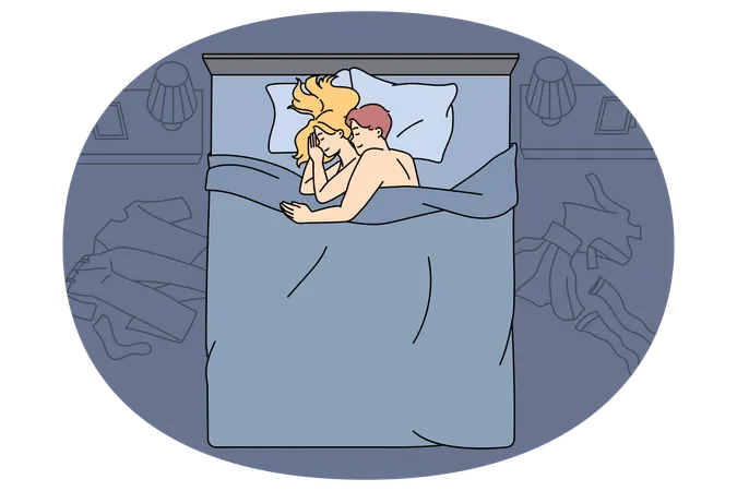 Happy young couple cuddle embrace in bed after sex  Illustration