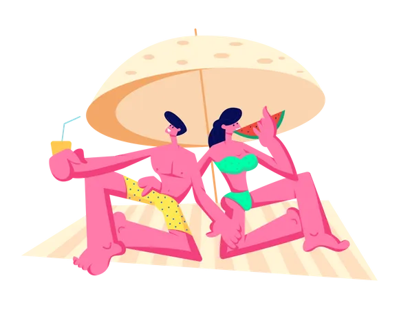 Happy Young Couple Relaxing on Beach  Illustration