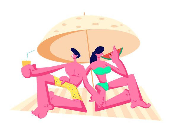 Happy Young Couple Relaxing on Beach  Illustration