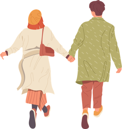 Happy young couple wearing autumn clothes walking together holding hands having fun  Illustration