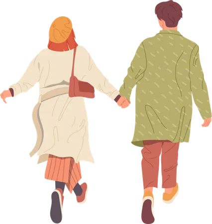 Happy young couple wearing autumn clothes walking together holding hands having fun  Illustration