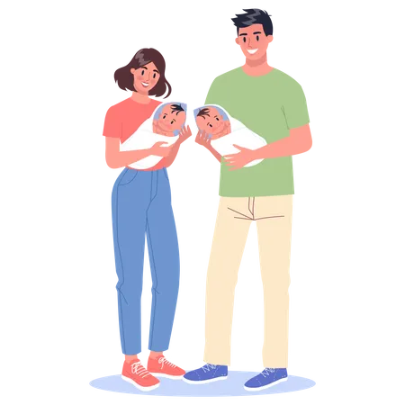 Happy young dad and mom holding baby twins Illustration