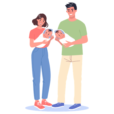 Happy young dad and mom holding baby twins  Illustration