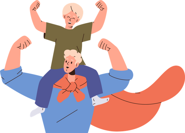 Happy young dad carrying joyful little son child on shoulders playing superhero game together  Illustration