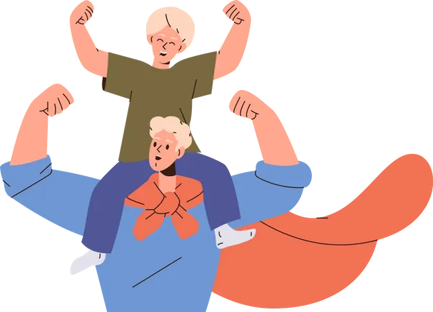 Happy young dad carrying joyful little son child on shoulders playing superhero game together  Illustration