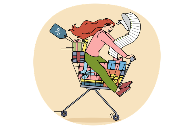 Happy young excited woman riding on trolley with shopping bags and checks feeling positive  Illustration